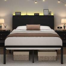 Twin/ Full/ Queen Bed Frame With LED Lights, Metal Bed Frame With Wooden Headboard & Storage Shelf, Under Bed Storage, No Box Spring Required, Easy Assemble, Black/ Black & Grey/ White & Brown - 黑色 - 查看 11