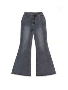 Elegant Flared Jeans For Women With Raw Edge Design, Suitable For Back To School And Everyday Wear, Autumn/Winter - Dark Grey - View 1