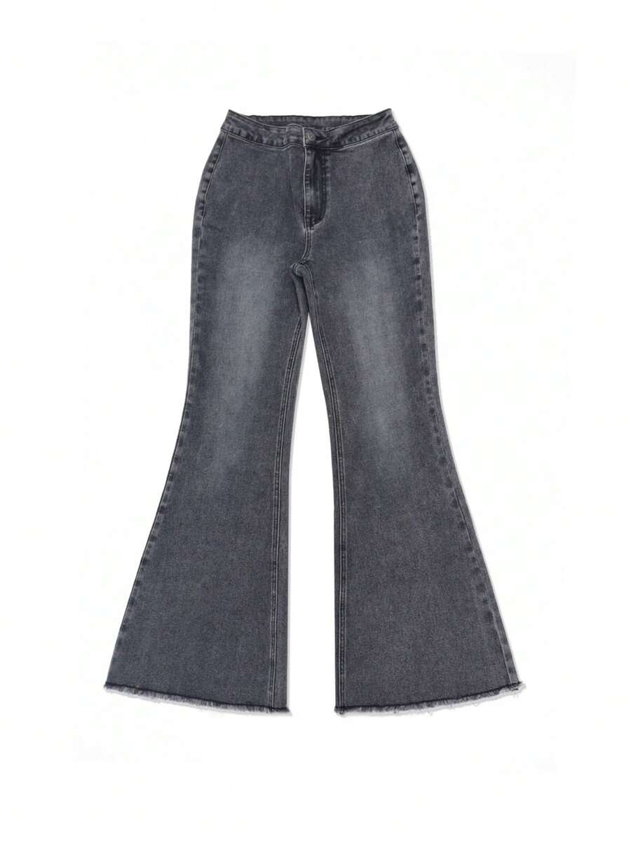 Elegant Flared Jeans For Women With Raw Edge Design, Suitable For Back To School And Everyday Wear, Autumn/Winter - Dark Grey - View 1