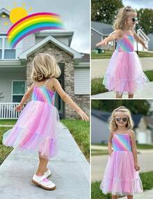 2025Toddler Girls Tulle Dress Rainbow Tutu Birthday Princess Dresses Formal Photo Shoot Outfit Summer Clothes 2-6T'Sprout Style' - 彩虹 - 查看 5
