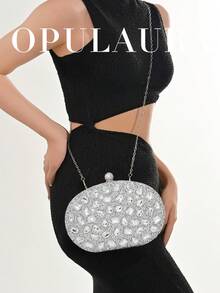 OpulAura 1件装闪亮银色奢华水钻装饰女士手提包，时尚水钻点缀晚宴手拿包，配金属链，适合正式场合、派对、婚礼、生日、情人节礼物 - 銀色 - 查看 9