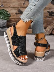 新款女式波西米亚风格坡跟厚底凉鞋，时尚百搭舒适软底沙滩凉鞋，适合海滩、派对、休闲日常穿着 - 黑色 - 查看 7