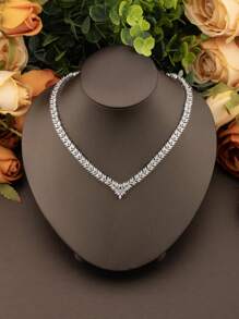 1 conjunto de joias luxuosas e elegantes com zircônia cúbica e decote em V, design de trigo, adequado para casamentos femininos e uso diário, incluindo 1 par de brincos, 1 colar, 1 pulseira, 1 anel (exceto caixa de presente)