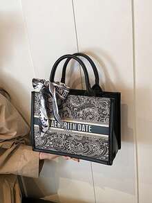 2025新款时尚热销手提包，便携购物袋，小众设计，奢华高品质，附赠海外蝴蝶结丝巾，大容量，适合日常休闲、通勤、上学、旅行、派对、宴会等场合（含丝巾） - 黑色 - 查看 2