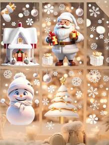 113 件/4 张可重复使用的圣诞窗贴，圣诞老人、驯鹿、雪花家居装饰，商店展示，节日派对，易于粘贴和移除，双面圣诞窗贴，白色雪花静电玻璃贴花，节日装饰窗贴圣诞装饰圣诞装饰家居