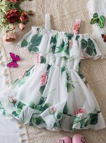 Toddler Girl Flower Print Ruffled Trim Baby Dress Suspender Sundress Princess Girls Summer Casual Clothes