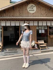 女士夏季蕾丝拼接二合一短袖T恤，适合情人节、秋冬季穿着 - 藍色 - 查看 5