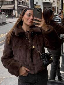 MUMRAP Vintage Faux Fur Lapel Long Sleeve Coat Winter Casual Warm Pockets Coat