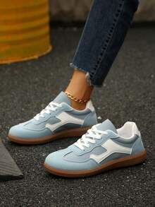 1 par de tênis casuais respiráveis com cadarço, sapatos brancos para adolescentes, adequados para primavera, verão e outono - Azul - Ver 5