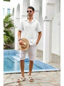 Mens Linen Button Down Shirts Short Sleeve Basic Cuban Regular Fit Wedding Summer Beach Tops - 白色 - 查看 9