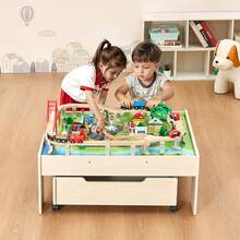 Train Table, 100 Multicolor Pieces Wooden Kids Activity Table With Rolling Storage Drawer, 3-In-1 Wooden Train Set For Gaming, Drawing, Reading, Eating, Creative Toy Set For Kids Ages 3+ - 100 Multicolor Pieces - View 1