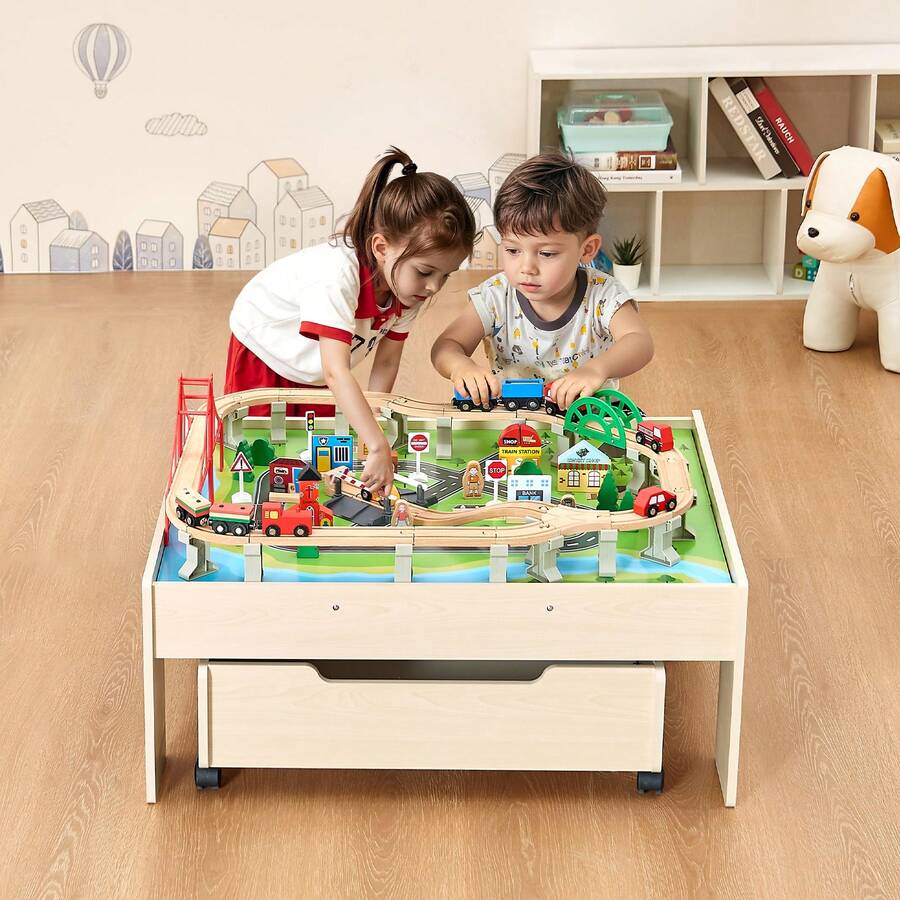 Train Table, 100 Multicolor Pieces Wooden Kids Activity Table With Rolling Storage Drawer, 3-In-1 Wooden Train Set For Gaming, Drawing, Reading, Eating, Creative Toy Set For Kids Ages 3+ - 100 Multicolor Pieces - View 1