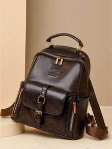 Ladies' Retro Small Backpack, Synthetic Leather, Detachable Strap, Multiple Compartments, Multifunctional Shoulder Bag For Daily Work - Brown - View 4