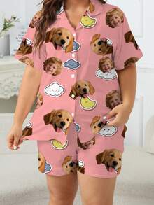 Plus Size Women's Summer Pajama Set, Collared Short Sleeve Top And Shorts, Pink Cloud & Moon Cartoon Custom Pet Portrait Graphic, Casual Loungewear