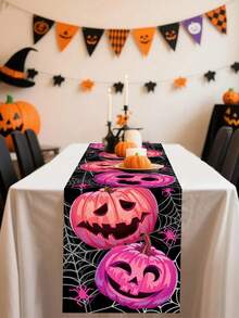 1Pc /100PCS 35*180cm Halloween Pink Pumpkin Themed Polyester Table Runner - Black Spider Web Background, Exquisite Carved Pink Pumpkin Pattern, Suitable For High-End Halloween Parties, Family Gatherings, Festive Dining Table Decoration