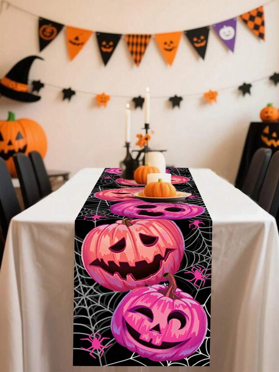 1Pc /100PCS 35*180cm Halloween Pink Pumpkin Themed Polyester Table Runner - Black Spider Web Background, Exquisite Carved Pink Pumpkin Pattern, Suitable For High-End Halloween Parties, Family Gatherings, Festive Dining Table Decoration