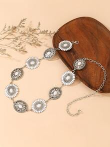 Cadena de cintura ovalada hueca plateada vintage, cinturón de cadena de metal geométrico y floral para la cintura, accesorio corporal ajustable con estampado en forma de V para vestidos estilo bohemio, aleación de zinc, apto para primavera, verano, otoño, invierno - Plateado - Ver 5