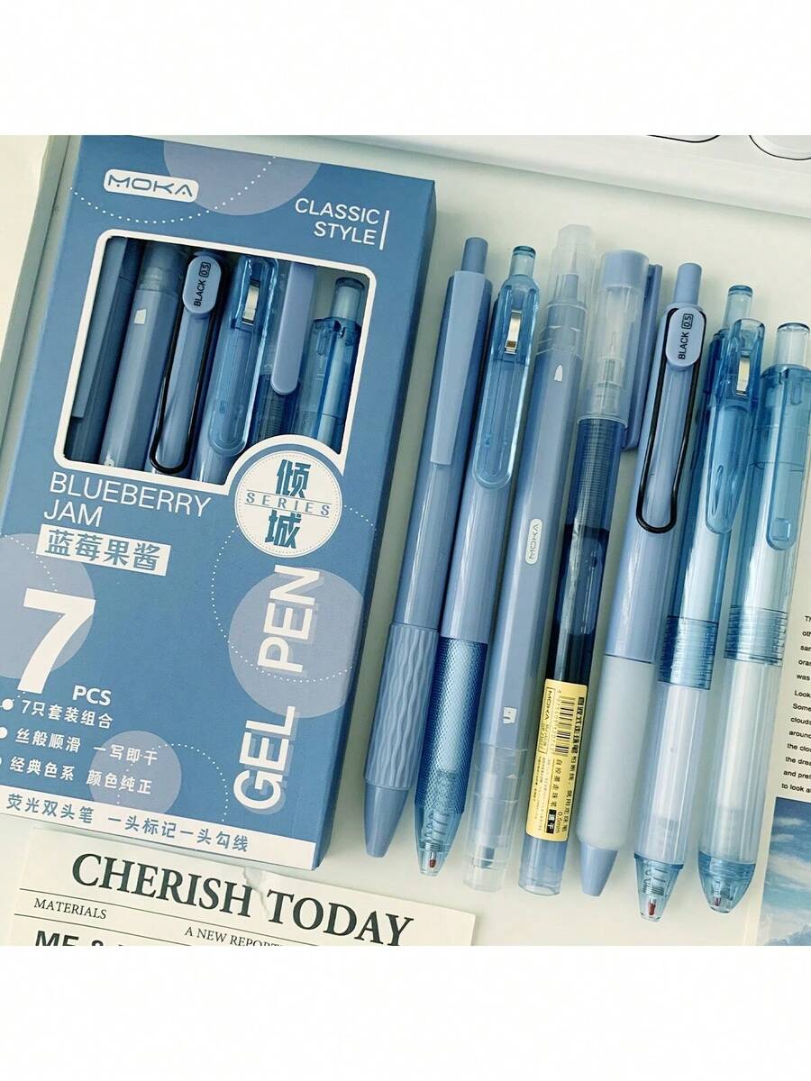 一套 7 个 ST 笔尖、直液体笔、多个组合套装、学生速干练习笔、中性笔、黑色、学校用品、返校 - 藍色 - 查看 1