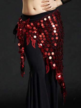 1 件女士舞蹈训练腰带闪光硬币腰带钩针编织网眼亮片阿根廷三角披肩肚皮舞臀部围巾