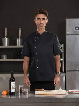 男士短袖单排扣透气纯色立领厨师制服