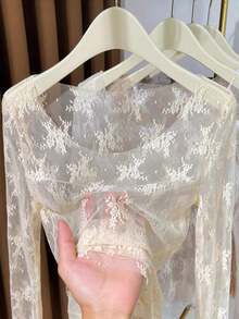 Damen Große Größen Spitze einfarbig Rundhals lässiges Unterwäsche Top, transparente leichte Mesh Pullover Bluse, elegant für Frühling Herbst Winter