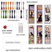 Conjunto de marcadores de ponto cruz com tema animal, 6 peças, faça você mesmo, arte, kit de costura, arte e artesanato com padrão fofo de gato perto da janela, inclui 6 tecidos estampados para ponto cruz, linhas de bordado suficientes, ferramentas e instruções em inglês, adequado para iniciantes adultos e amantes de artesanato, pode ser usado como planejador, marcadores de livro, decoração de casa - Multicolorido - Ver 2