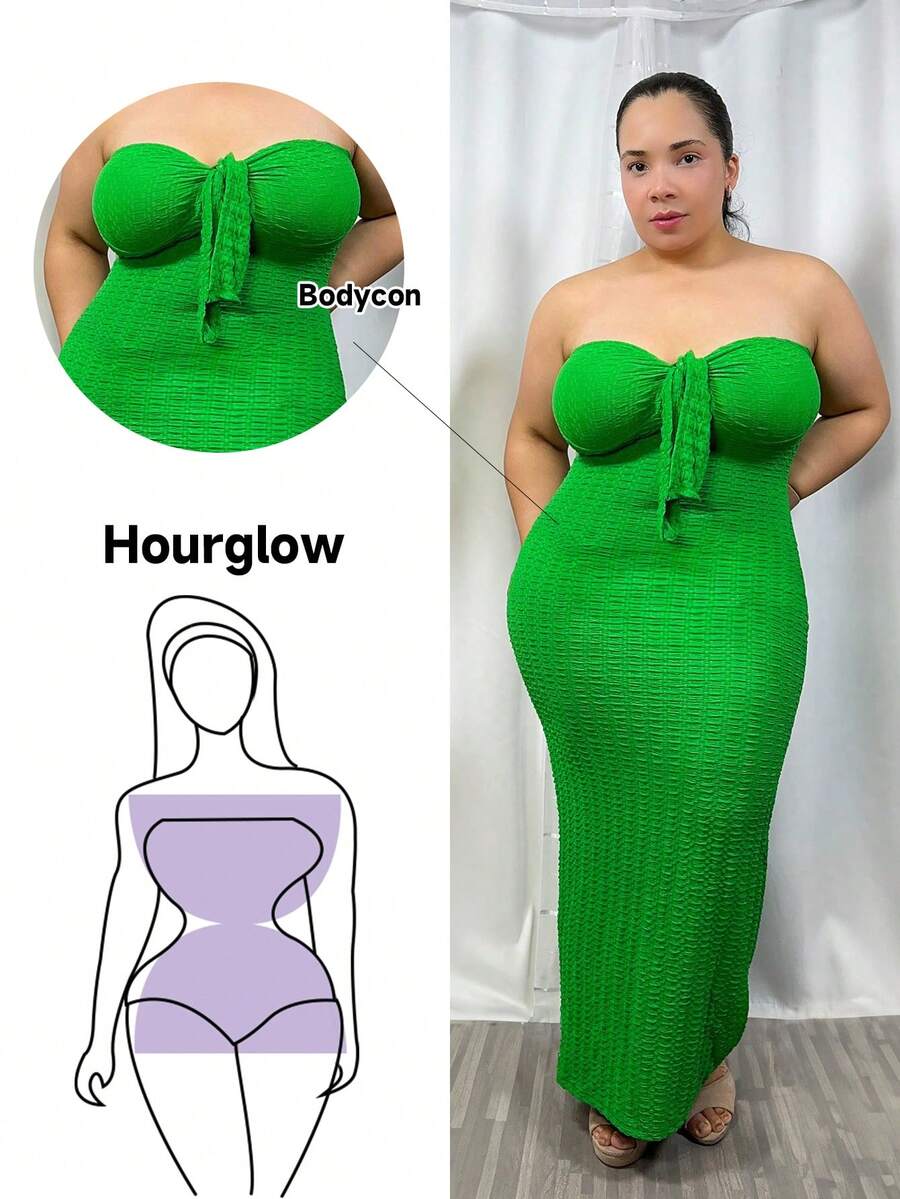 Hourglow 女士加大码纯色露肩打结紧身连衣裙 - 綠色 - 查看 1
