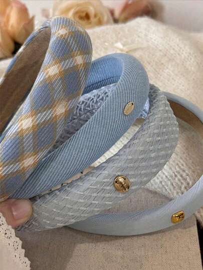 4 piezas Diademas de moda elegantes de metal con estampado de cuadros azules y unicolor para mujer, versátiles para uso diario, hogar, escuela, playa, trabajo, fiesta, vacaciones, cumpleaños, regreso a clases, Año Nuevo, Día de la Madre