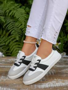 秋冬 1 双黑白加大码户外休闲运动鞋，女式几何图案系带舒适滑板鞋，百搭圆头休闲鞋，四季皆宜，女式运动鞋 - 黑與白 - 查看 3