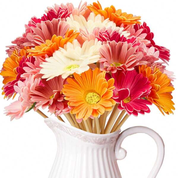 Juego de 6 centros de mesa artificiales de la flor de Gerbera para bodas y fiestas en casa, oficina y cocina (Blanco, Amarillo, Naranja, Rosa, Rojo Rosado, Coral). Adecuado para decoración de jardín al aire libre, decoración interior y exterior, decoración de jarrones, plantas falsas, decoración de las cuatro estaciones