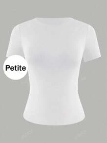 Camiseta casual básica blanca de mujer con cuello redondo, manga corta, ajuste ceñido y deportivo de XLLAIS Petite