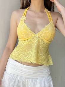 Women's Halter Neck Lace Tops Sleeveless Open Back Slim Fit Flower Cami Tops Summer Shirts