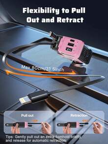 W&O 4 In 1 Retractable Car Fast Charger In Mech-Style 65W Charger Car Charger With Retractable Cablea And Multi-Port Usb C Holiday Gifts,Car Essential,Room Decor,Compatible With Iphone,Halloween Gift,Fast Charger - 粉色 - 查看 5