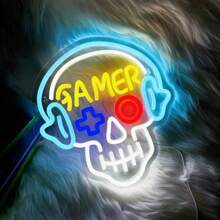 GAMER Skull-Shaped LED Neon Sign - USB Powered, Perfect For Game Rooms, Bedrooms & Bars, Wall Decor Gift For Gamers Halloween Decor Light Home Decor Party Decor Halloween Decoration Room Decor Halloween Garden Decor For Gift Fairy