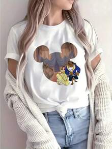 Cartoon Print Ladies' T-Shirt, Casual Round Neck T-Shirt For Spring And Summer