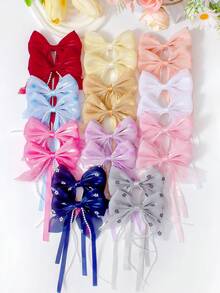 6pcs/Set Girls' Random Color Sweet Ribbon Printed Bow Beaded Hair Clips, Mesh Hair Accessories, Elegant French Style, Suitable For Daily, Party, Outing, Unlock The Sweet Charm! Fluttering Ribbons Showcase Playful Vitality - Multicolor - View 6