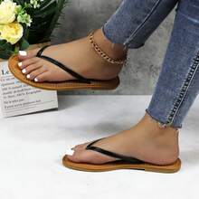 Women's Classic Flip Flops, Straps With Tan Footbed, Casual Beach Sandals: Stylish Design, Non-Slip Rubber Sole, Latex Insole For Comfort, Perfect For Shopping, Parties, And Casual Outings  Beach    Casual    Polyester    Plain / Plain Toe    Beach  Vacation - 黑色 - 查看 5