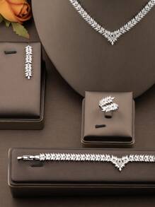 1 conjunto de joias luxuosas e elegantes com zircônia cúbica e decote em V, design de trigo, adequado para casamentos femininos e uso diário, incluindo 1 par de brincos, 1 colar, 1 pulseira, 1 anel (exceto caixa de presente)