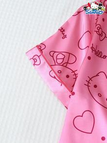 [Homely Gents]2pcs Authorized Satin Sanrio Hello Kitty Collar Short Sleeve Button Pocket Top And Bowknot Pants Pajama Set, Pink, Suitable For Home Wear, Spring/Summer - Pink - View 6