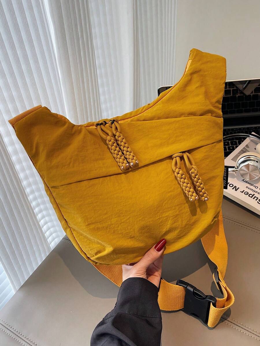 1 件纯黄色尼龙新月形可折叠手提包，多个口袋和拉链，学生休闲斜挎包，轻便方便，适合夏季，街头服饰