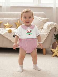 Baby Christmas Romper Long Sleeve Doll Collar Santa Embroidery Bodysuit Newborn Playsuit - Red - View 1
