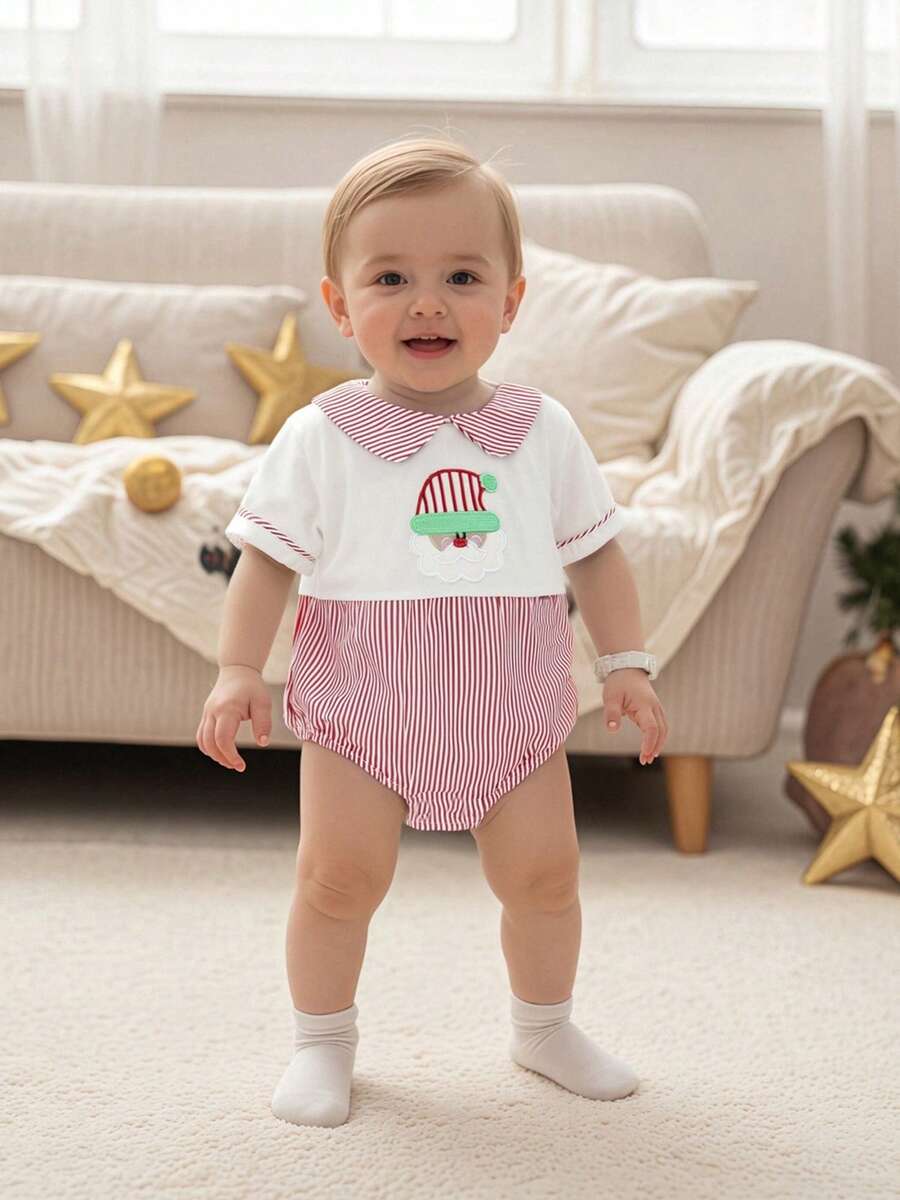 Baby Christmas Romper Long Sleeve Doll Collar Santa Embroidery Bodysuit Newborn Playsuit - Red - View 1