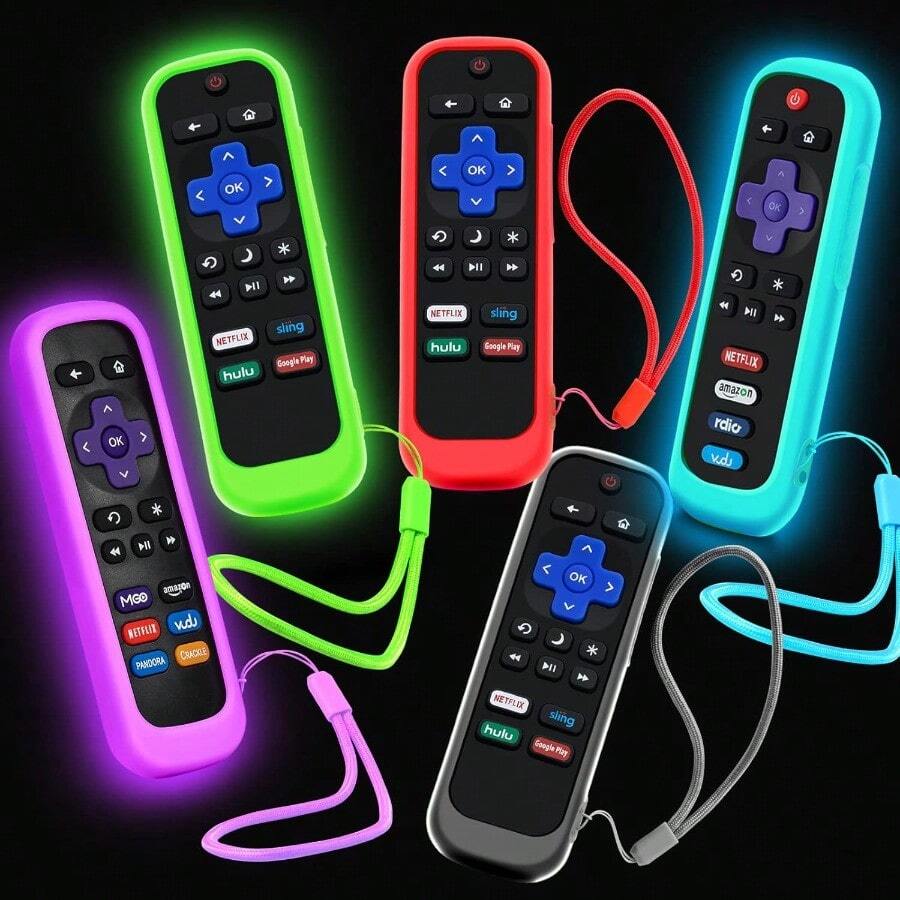 5Pack Case For Roku Remote Cover For Hisense Roku TV Steaming Stick Express Universal Replacement Controller Silicone Sleeve Skin Glow In The Dark Green Sky Purple Red - Green+sky+purple+red+black - View 1