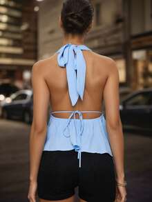 Women's Tops Solid Color Bow Polyester Backless Knotted Ruffle Lace-Up Beach Evening Date Wedding Home Formal Dinner Street Photo Spring Summer Party - Blue - View 7