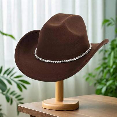 Men Women Felt Cowgirl Hat Wide Brim Jazz Cap Stylish Rhinestone Strap Design Western Cap For Beach Daily Life  Party