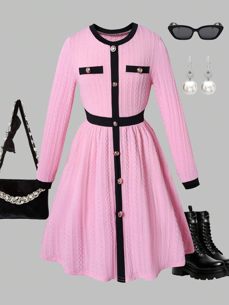 Girls Ribbed Knit Long Sleeve Dress, Elegant & Charming For Spring/Autumn - Pink - View 1