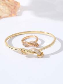 1 Conjunto Pulseira e Anel de Zircônia Torcida de Micro Incrustação, Conjunto de Joias de Luxo Feminino, Acessórios de Empilhamento Diário e de Festa