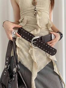 1pc Women's Coffee-Color Wide PU Leather Vintage Boho Rivet Belt
