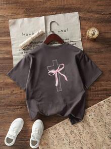 Tween Girl Casual Funny Printed Round Neck Short Sleeve T-Shirt, Summer Top - Dark Grey - View 1