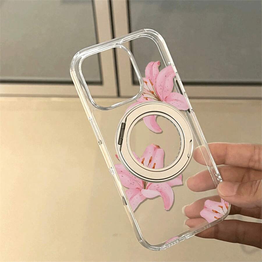Funda para teléfono 1 pieza Patrón de lirio rosa Acrílico de alta transparencia Soporte de ventosa giratorio magnético fuerte, Funda para teléfono móvil Base vertical anticaída, Adecuado 16promax 16 15pro 14 13Pro 1500Pro Series - transparente - Ver 1
